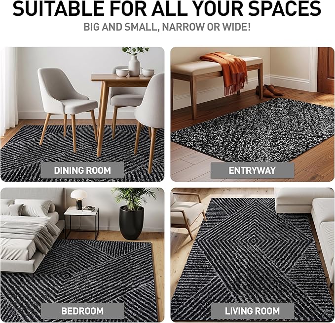 Rugshop Geometric Diamond Stripe Shag Area Rug Anthracite Dark Gray 5' x 7' Great for Bedrooms, Living Rooms, or Under Coffee Tables