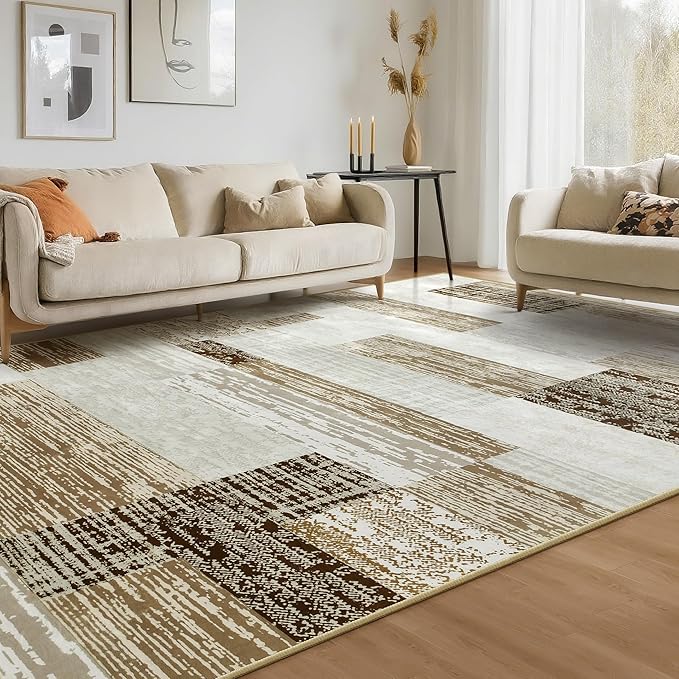 Large Area Rugs,Modern Geometric Patchwork Floor Decor for Bedroom Aesthetic Carpet, Rockwood Collection, Indoor Rugs for Living Room, Dining Room, Nursery, Office, Machine Washable Rug,6x9 Ft Beige