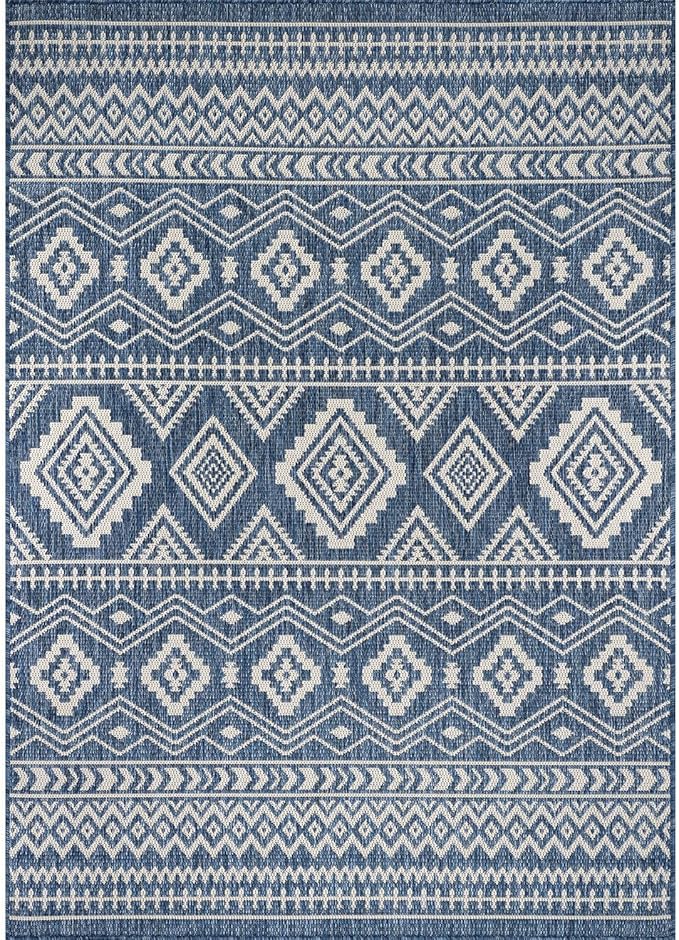 Beverly Rug Waikiki Boho Indoor Outdoor Rug 5x7, Washable Outside Carpet for Patio, Deck, Porch, Bohemian Area Rug, Farmhouse Rugs, Aztec Tribal Rug, Azure and White