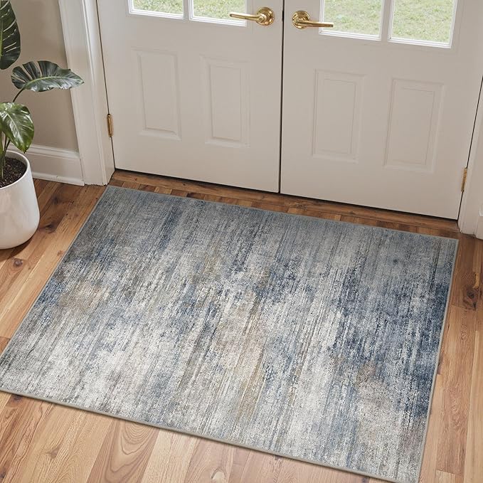 Bavni Washable Rug, Soft Abstract Rugs Non-Slip, Thin Foldable 3x5 Rug, Modern Stain Resistant Area Rug for Living Room, Kitchen, Bedroom, Blue/Light Grey
