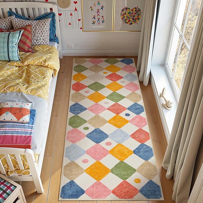 jinchan Macy Runner Rug 2x5 Kids Hallway Washable Rug Indoor Soft Non Slip Modern Diamond Carpet for Nursery Room Bedroom Kitchen Laundry Room Circus on Cream
