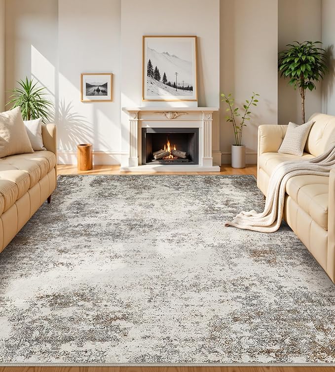 8x10 Area Rugs Machine Washable - Modern Abstract Large Rugs for Living Room Soft Anti-Skid Thin Carpet for Bedroom, Under Dining Table, Nursery, Farmhouse,Home Office (8'x10' Brown Grey)