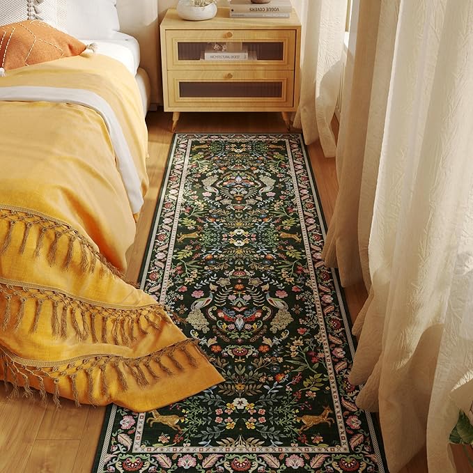 Runner Rug Washable Kitchen 2'x6' Floral Non-Slip for Entryway Indoor Soft Carpet Runner for Hallways, Kitchen, Laundry, Bedroom, Bathroom (Emerald Green)