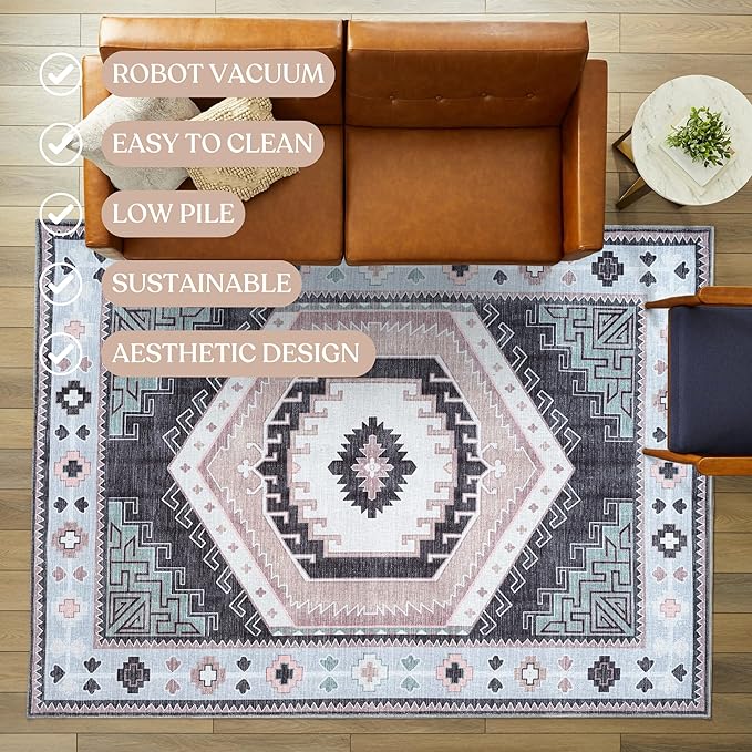 Oushak Rug, Turkish Vintage Floral Pastel Large Oversized Area Rugs for Living Room Dining Bedroom Kitchen Bathroom Nursery Runner Rugs (856BlckGry, 2' x 3')
