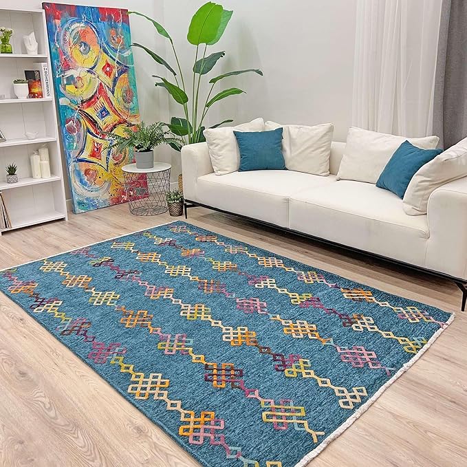 Alfa Rich 3x5 Moroccan Blue Washable Area Rugs for Living Room Bedroom Kitchen Decor Cotton Runner