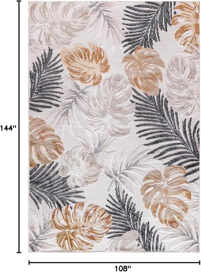 CAMILSON Indoor Outdoor Rug, Yellow 9’x12’ Leaf Tropical Botanical Area Rugs for Indoor and Outdoor patios, Easy-Cleaning Non-Shedding Living Room, Garden and Kitchen Washable Outside Carpet (9x12)