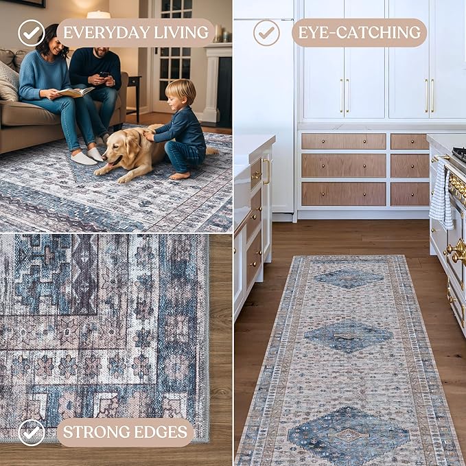 Washable Area Rug. Modern Farmhouse. Vintage. Turkish. Bohemian. Distressed. Oriental. Traditional. Rugs for Living Room. Dining. Bedroom. Office. Entryway. Foyer. (859NC, 2'5" x 4'9")