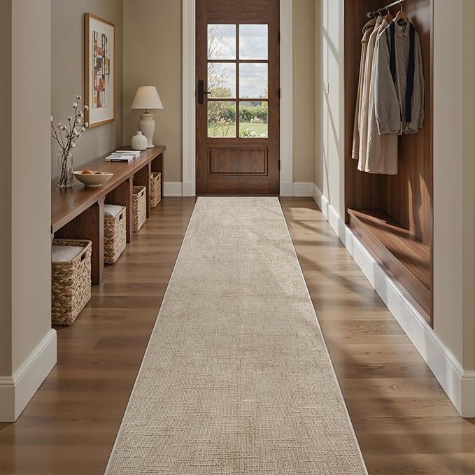 Art&Tuft 2x12 Runner Rug - Washable Runner Rugs, Non-Slip Runner Rug for Hallway, High Low Pile Textured Stripe 2x12 Rug Runner Throw Carpet for Entrance Bedroom Living Room Kitchen, Beige