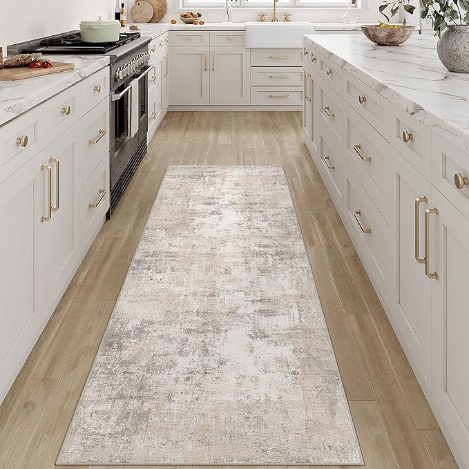 2'6x8 Washable Runner Rug Beige Grey Abstract Hallway Kitchen Throw Rug Neutral Modern Non Slip Soft Low Pile Carpet for Bathroom Laundry Bedroom Living Room