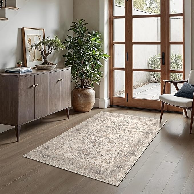Bavni 3x5 Area Rug for Living Room Bedroom, Washable Boho Print Vintage Aesthetic Rug, Ultra-Thin Low Pile Rugs for Entryway Playroom with Non Slip Backing, Light Taupe Brown