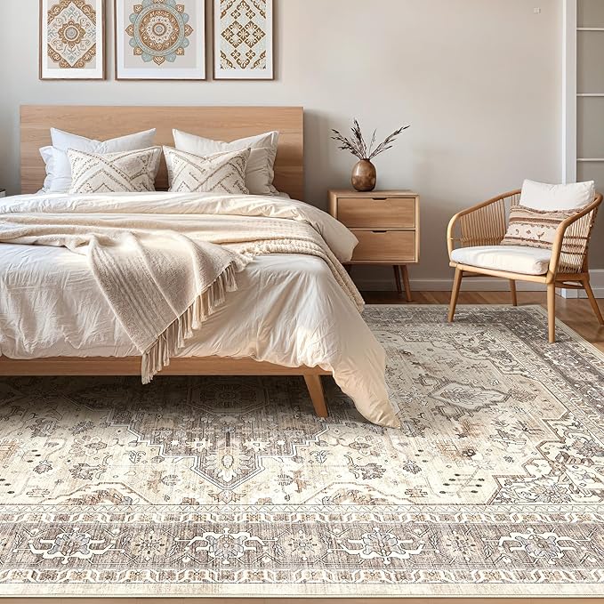 6x8 Area Rug Living Room: Washable Boho Large Neutral Vintage Soft Rugs Stain Resistant Farmhouse Non-Slip Indoor Floor Carpet for Bedroom Nursery Kids Playroom Office Dining Room- Beige Brown