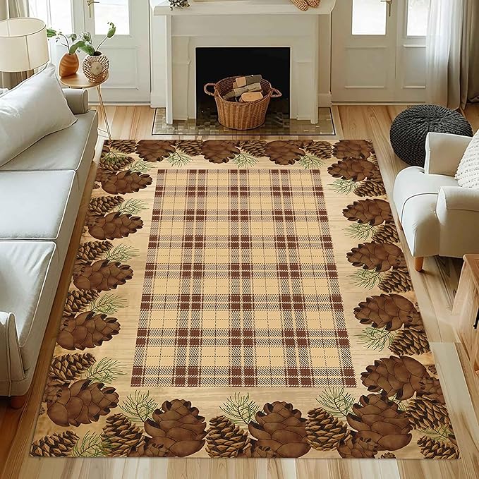 Cabin Pine Cones Area Rug 5x6ft for Living Room, Brown Buffalo Plaid Indoor Anti-Slip Large Area Rug Rustic Style Rugs for Bedroom, Lodge Living Rugs With Pine Cones, Throw Area Rug for Farmhouse