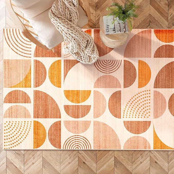 MUJOO Boho Rug Washable,3x5 Area Rugs for Bedroom Entryway Living Room Bedside,Small Throw Floor Carpet Non Slip Soft Indoor Modern Abstract Bohemian Orange