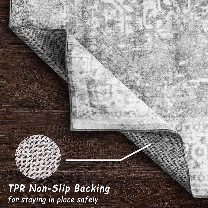 vivorug 5x7 Neutral Area Rugs, Stain Resistant Washable Rug for Living Room, Vintage-Inspired (Ivory/Silver, 5'x7')