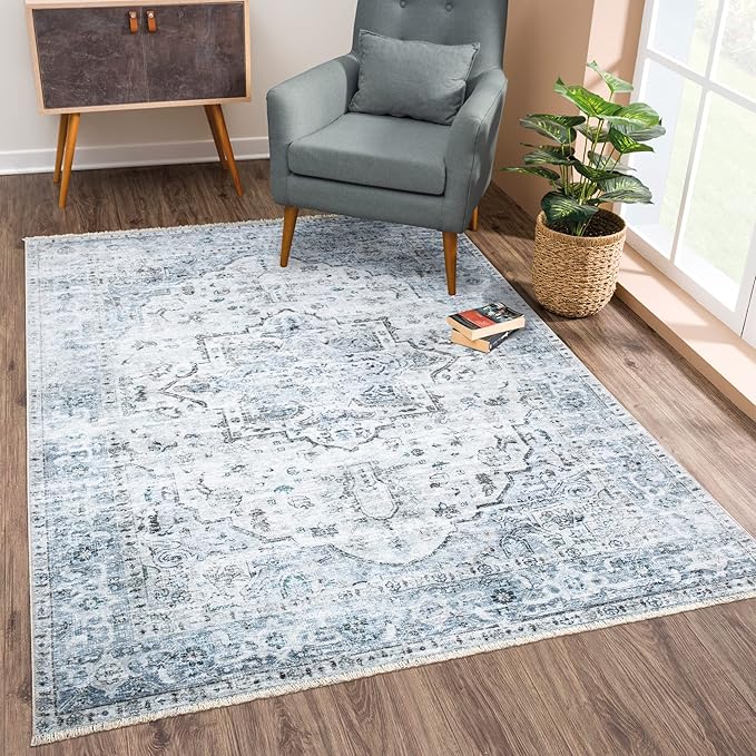 Bloom Rugs Caria Washable Non-Slip 9x12 Rug - Ivory/Blue/Gray Traditional Area Rug for Living Room, Bedroom, Dining Room, and Kitchen - Exact Size: 9' x 12'