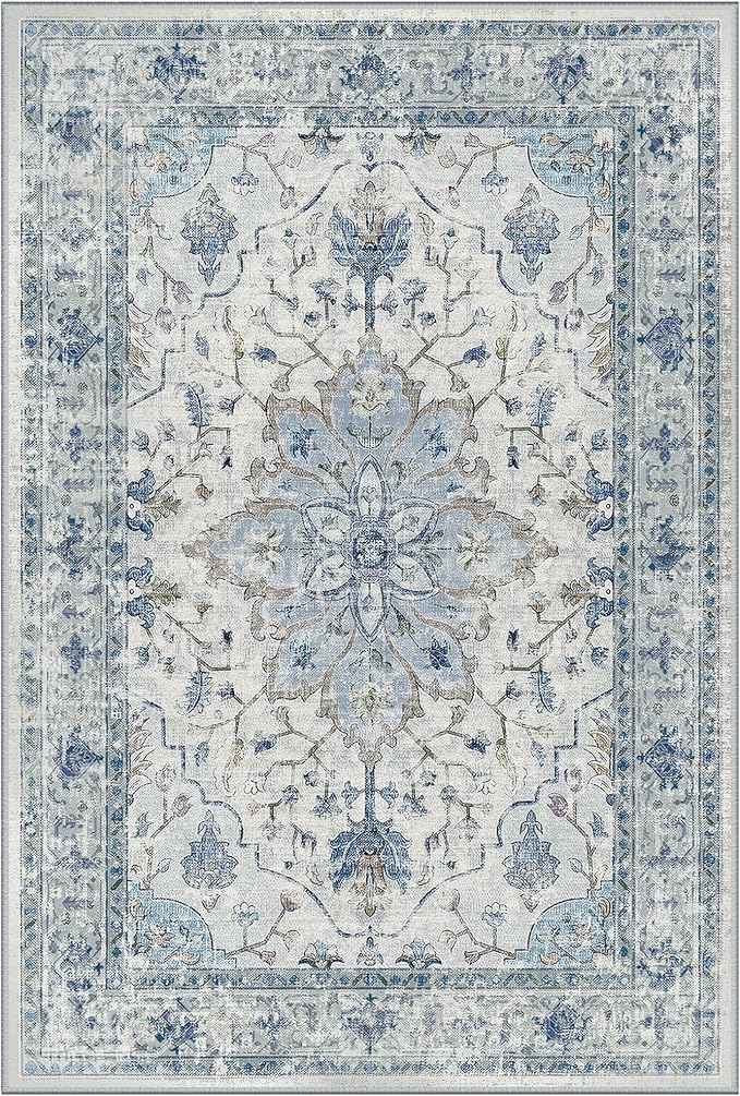 Area Rugs 2'6''x10' Washable Non-Slip, Floral Vintage Distress Print Pattern Medallion Carpet for Living Room Bedroom Dining Room, Light Blue Navy Beige Gray White