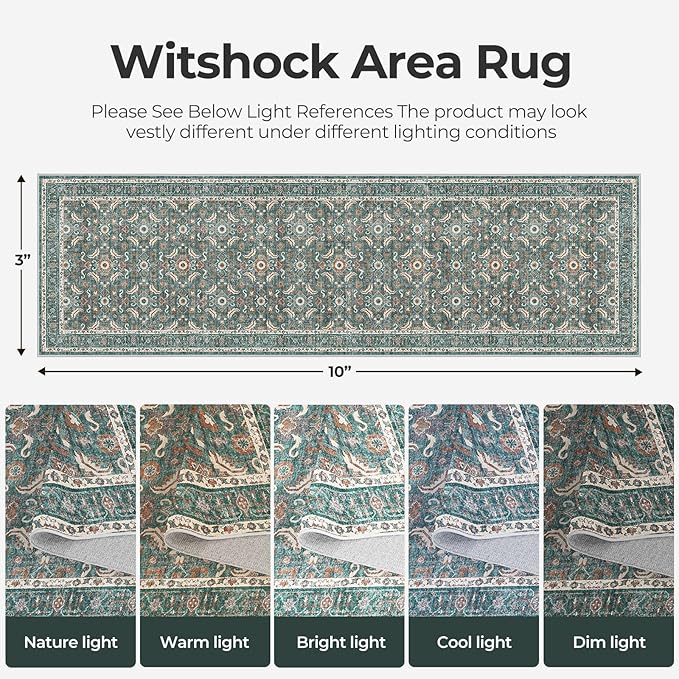 WITSHOCK Washable 3x10 Long Runners Rugs for Hallways,Vintage Neutral Hallway Rugs for Entryway Kitchen Bedroom,Vintage Farmhouse Home Decor(Teal Blue,3x10)