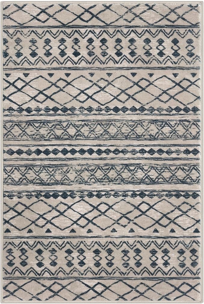 KUTA Moroccan Rugs for Entryway, 2x3 Light Brown Black Entrance Small Area Rug Non-Slip Washable, Ultra Soft Vintage Geometric Low-Pile Indoor Door Mat Floor Carpet for Kitchen