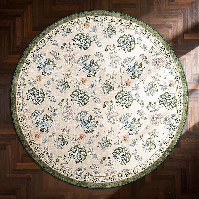 jinchan Elora 4ft Floral Round Rug for Entryway Washable Kitchen Rug Vintage Romance Design Non Slip Indoor Doormat Lightweight Low-Profile Throw Carpet for Living Room Dining Room, Green/Beige