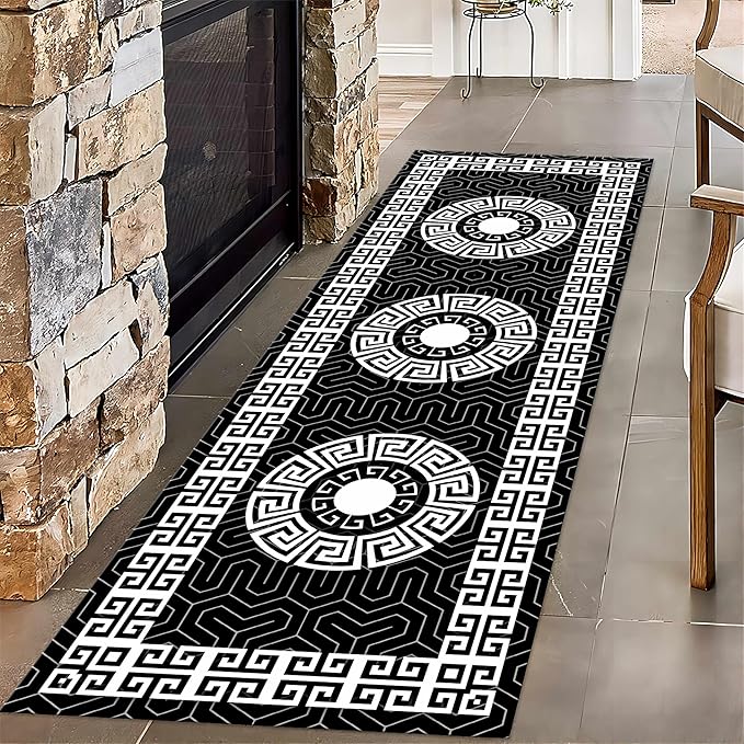 Modern Black White Geometric Kitchen Rug, 2x7ft, Greek Key Meander Design Entrance Rugs, Easy Clean Low Pile Washable Carpet, Soft Foldable No Crease Carpets for Porch Family