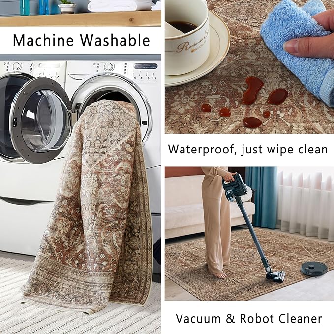 vivorug Runner Rug 2x10 Machine Washable Rug with Non-Slip Backing, Ideal for Kitchen Hallway Entryway Laundry Room - Vintage, Durable, Easy Clean, Low Pile Carpet Runner Earth Tone