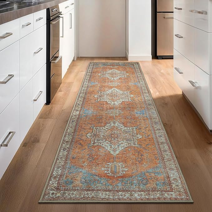 GLN Rugs Traditional Collection - Machine Washable Area Rug, Traditional Washable, Non Slip, Low Pile Chenille Rug, Living Room, Bedroom, Kitchen Rug (2'6" x 10' Terra/Multicolor)