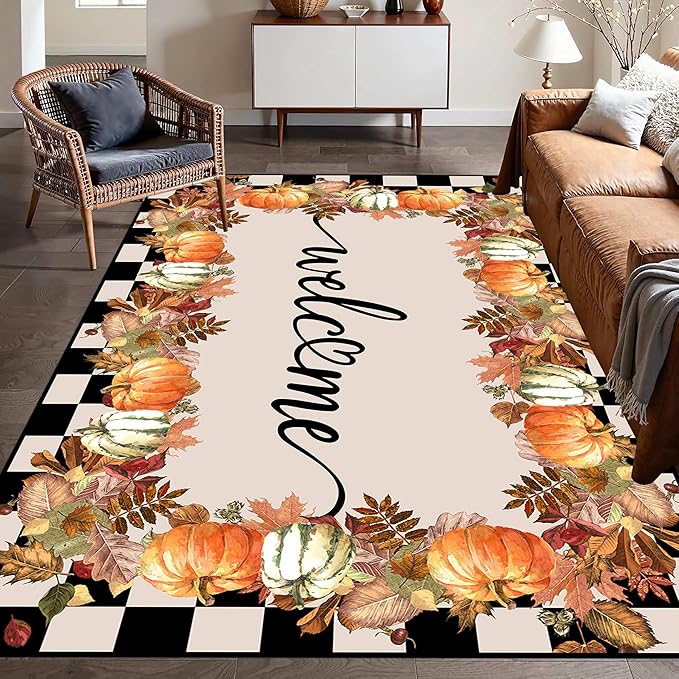 Checkered Area Rugs, 6x8ft, Black and White Check with Fall Leaves Pumpkin Autumn Harvest Carpet, Entrance Rubber Non Slip Breathable Fall Rug for Dining Room Laundry