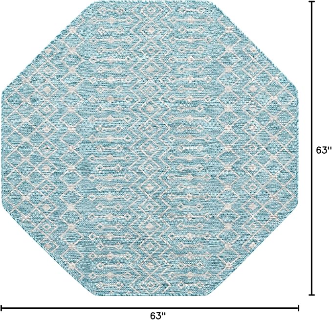 Unique Loom Outdoor Trellis Collection Area Rug - Tribal Trellis (5' 3" Octagon, Aqua/ Ivory)