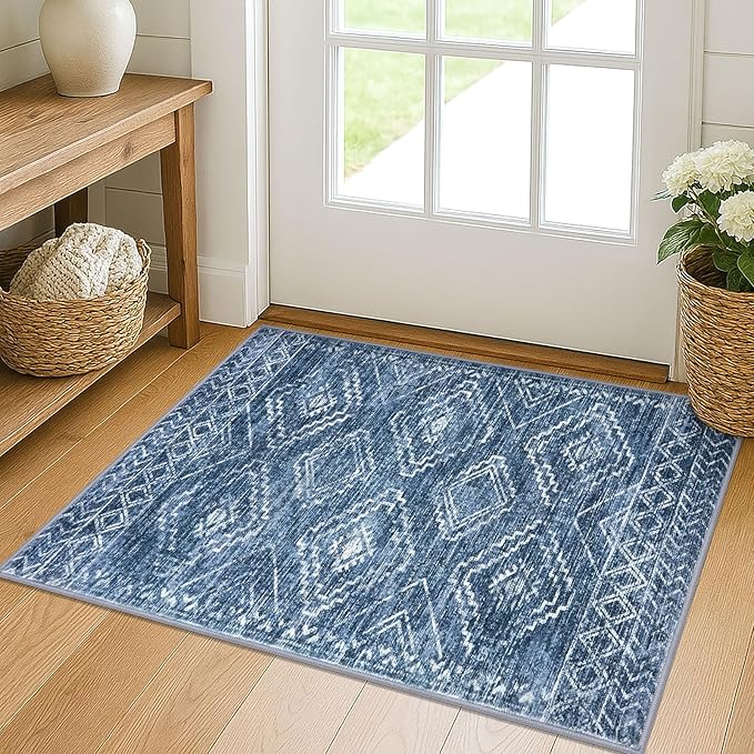 KILOCOCO Small Rug 2'x3' Entryway Rug Door Mat Indoor Soft Non Slip Printed Machine Washable Rugs for Bedroom Kitchen Entrance Front Door Geometric Boho Throw Rugs, Blue