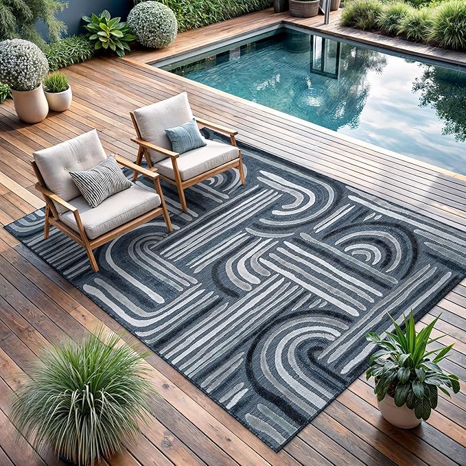 CAMILSON Indoor Outdoor Rug, Navy Blue 8x10 Geometric Arch Striped Area Rugs for Patio and Home Areas, Easy-Cleaning Non-Shedding Living Room, Garden and Deck Washable Outside Carpet (8 x 10)