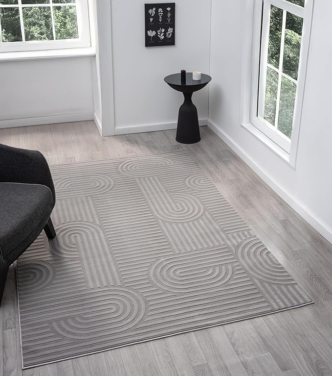 Annabel Modern Geometric Area Rug for Living Room, 6x9 Contemporary Arched and Linear Gray Rug, High-Low Pile Stain Resistant Carpet for Bedroom, Dining Room or Kitchen (6' x 9', Gray)