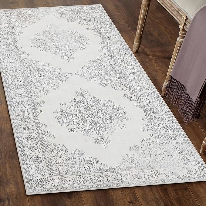 ReaLife Rugs Machine Washable Area Rug Runner - Living Room Bedroom Bathroom Kitchen Entryway Office - Padded Low Pile Stain Resistant Premium - Boho Farmhouse Vintage - Paige - Ivory 2'6" x 8'