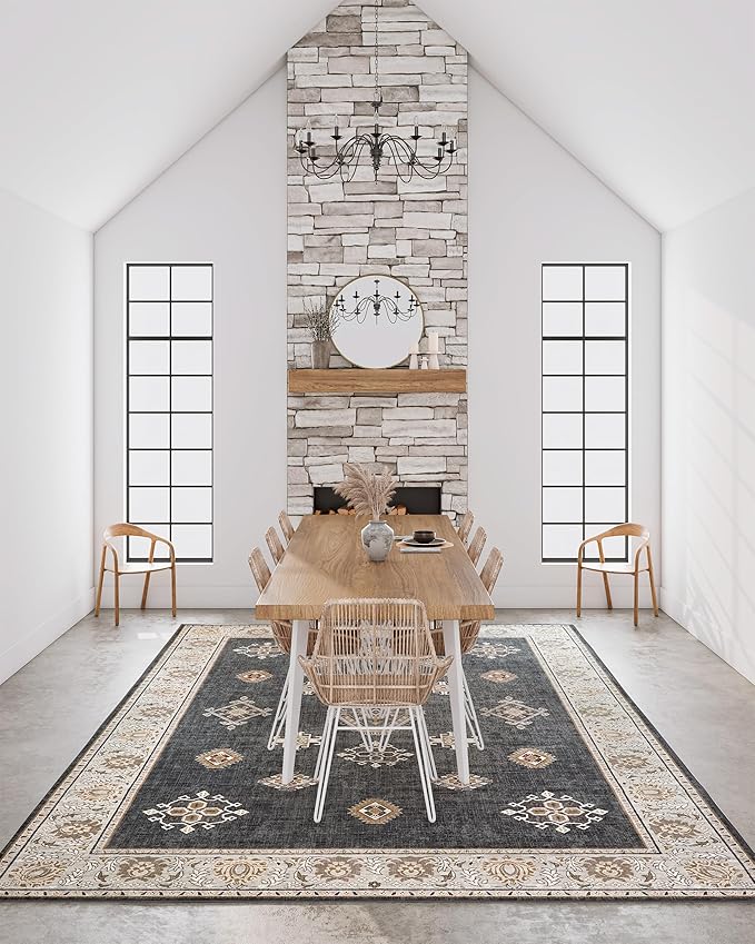 ILANGO Vintage 8'x10' Area Rugs for Living Room Washable Black Area Rugs Non Slip Boho Dining Room Rugs for Under Table Ultra-Thin Low-plie Floor Carpet for Bedroom