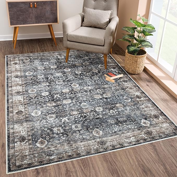 Bloom Rugs Washable Non-Slip 3' x 5' Rug - Black/Brown Traditional Area Rug for Living Room, Bedroom, Dining Room, and Kitchen - Exact Size: 3' x 5'