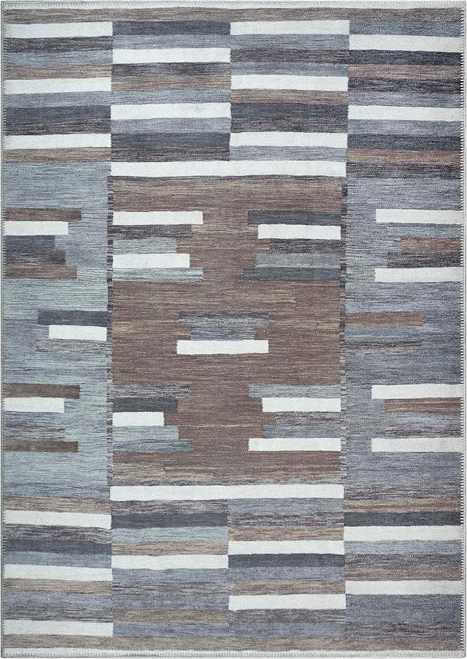 Bloom Rugs Washable Non-Slip 8' x 10' Rug - Blue/Brown Striped Area Rug for Living Room, Bedroom, Dining Room, and Kitchen - Exact Size: 8' x 10'