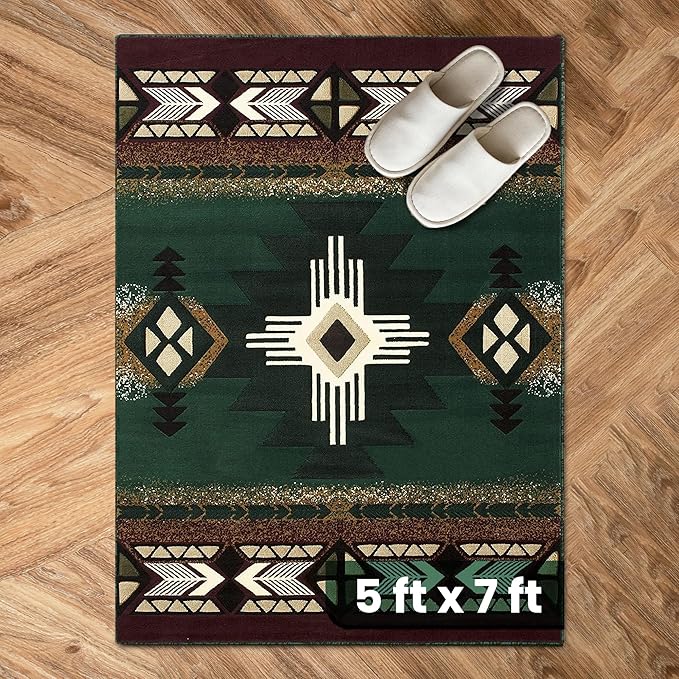 YHSF South West Native American Area Rug C318 - Easy Clean, Thick, Soft, Durable Native Tribal American Indian Inspired Rug for Bedroom/Living Room and More - Hunter Green, 5 Feet x 7 Feet