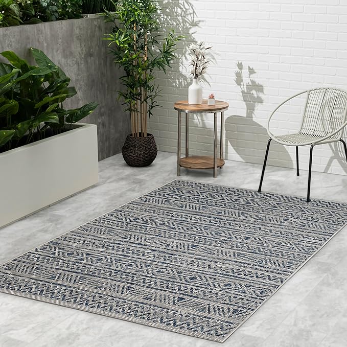 FH Home Flat Woven Outdoor Rug - Waterproof, Easy to Clean, Stain Resistant - Premium Polypropylene Yarn - Striped Boho - Patio, Porch, Deck, Balcony - Amman - Blue - 5ft 2in x 7ft 6in