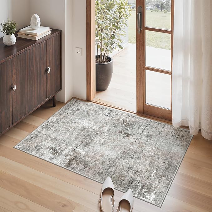 2x3 Abstract Washable Rugs for Kitchen, Floor, Entryway, Powder Room Small Area Rug Non-Slip Vintage Low Pile Throw Door Mat Pink Grey