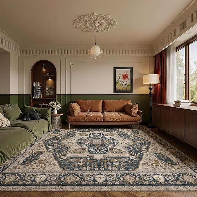EnHomee 5x7 Area Rugs Washable for Bedroom, Boho Vintage Rugs, Foldable Area Rug for Dining Room, Non-Slip Soft Living Room Rug, Low Pile Large Carpet for Bathroom, Blue and Brown