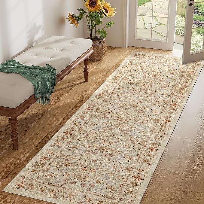 DUKINO 2x6 Runner Rug for Hallway, Washable Vintage Floral Kitchen Rug with Non Slip Backing, Soft Low Pile Throw Carpet Runner for Kitchen, Laundry, Hallway, Bathroom, Beige