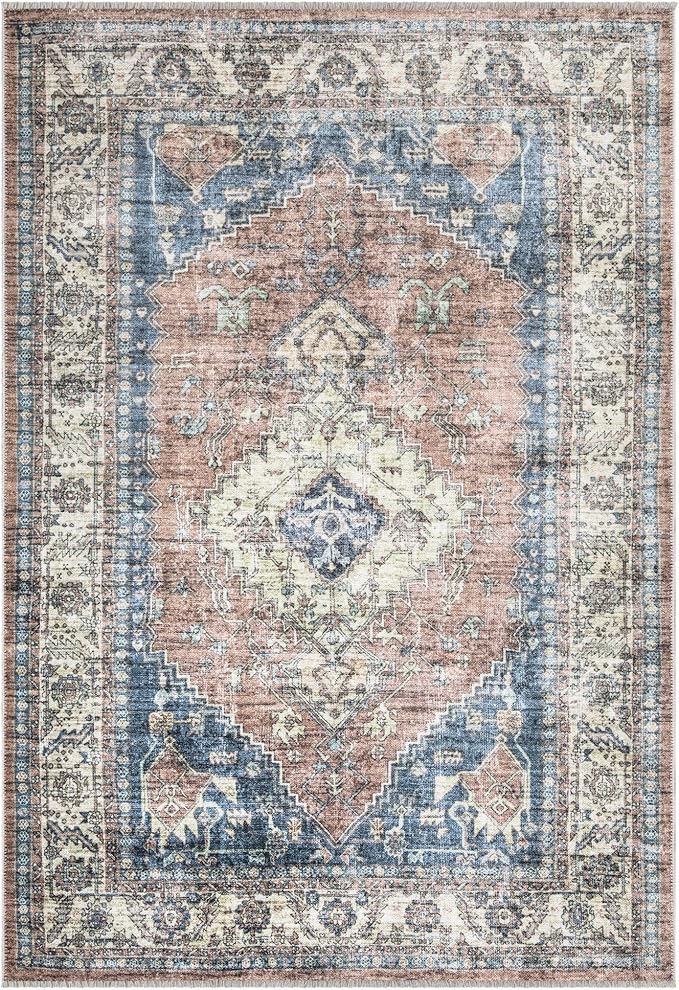 Bloom Rugs Caria Washable Non-Slip 8x10 Rug - Coral Pink/Ocean Blue Traditional Area Rug for Living Room, Bedroom, Dining Room, and Kitchen - Exact Size: 7'8" x 10'