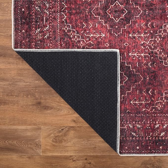 Bloom Rugs Washable Non-Slip 2' x 3' Rug - Dark Red Traditional Bordered Area Rug for Living Room, Bedroom, Dining Room, and Kitchen - Exact Size: 2' x 3'