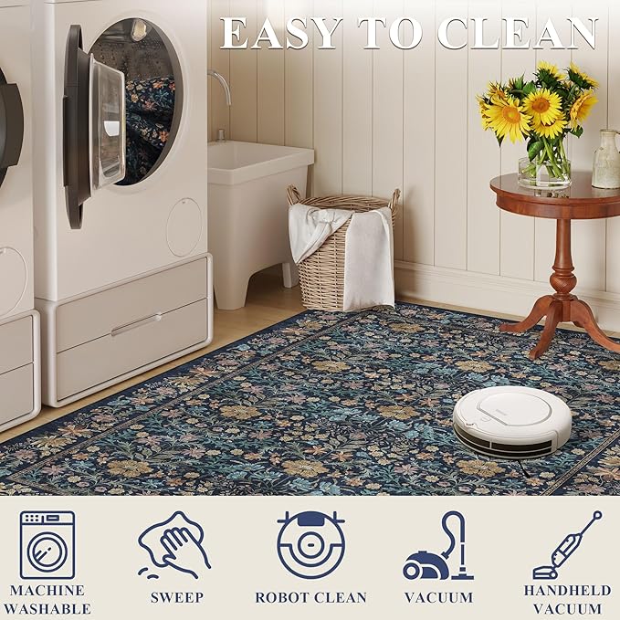 DUKINO 4x6 Rugs for Living Room, Lightweight Non Slip Washable Rug with Low Pile Design, Vintage Floral Non-Shedding Soft Carpet for Living Room, Bedroom, Farmhouse, Office, Bathroom, Dark Blue