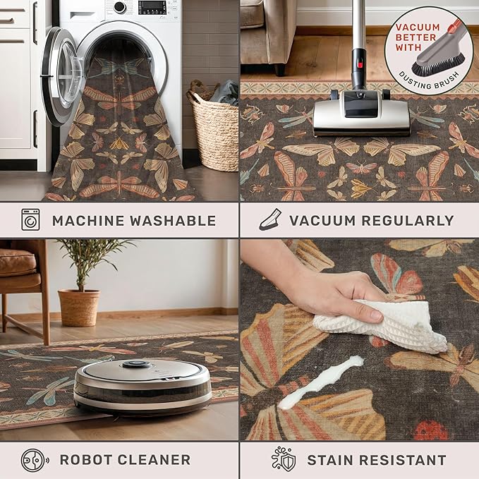 2'6"x8' 8ft Long Hallway Runner Rug, Stain Resistant Non-Slip Kitchen Floor Mats, Boho Front Door Rug Indoor Entrance, Whimsical Insect Moth Décor, Low Pile & Soft (Orange and Brown)