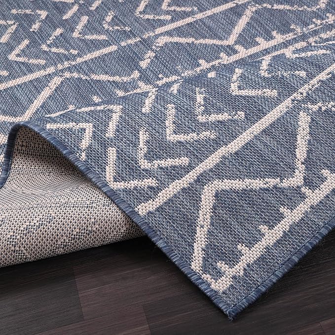 Beverly Rug Waikiki Indoor Outdoor Rug 5x7, Washable Outside Carpet for Patio, Deck, Porch, Trellis Area Rug, Water Resistant, Blue - White