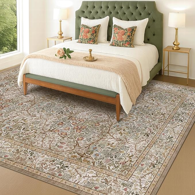 Washable 10x14 Living Room Rug - Moss Green Large Area Rug for Dining Room Under Table, Low Pile Non-Slip Floor Carpet for Bedroom Under Bed - Neutral Taupe Design & Stain Resistance