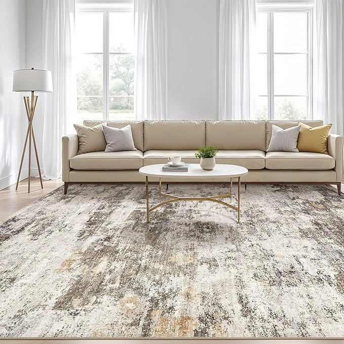 8x10 Area Rugs Living Room: Washable Large Abstract Neutral Modern Soft Rug Stain Resistant Indoor Floor Non-Slip Accent Carpet for Bedroom Nursery Playroom Dining Room Office Dorm Home- Brown Yellow