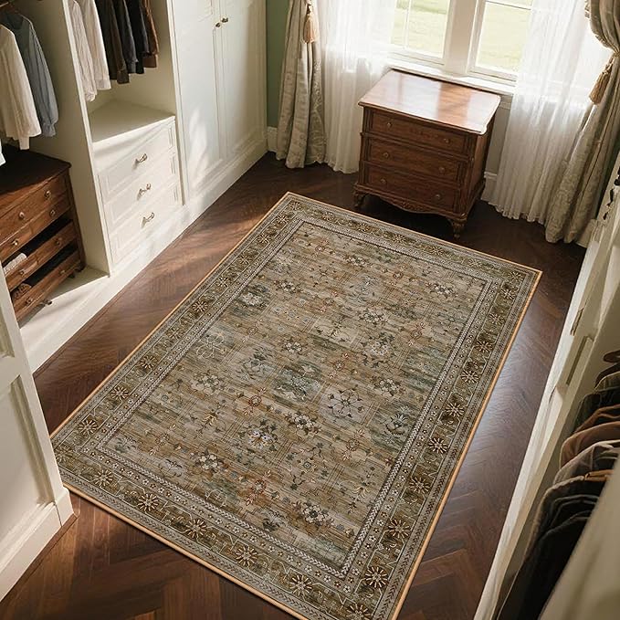 5x7 Washable Area Rug for Living Room Dining Room, Distressed Non Slip Vintage Floral Rugs for Bedroom, Traditional Indoor Floor Carpet for Dining Kitchen Farmhouse Brown with Green