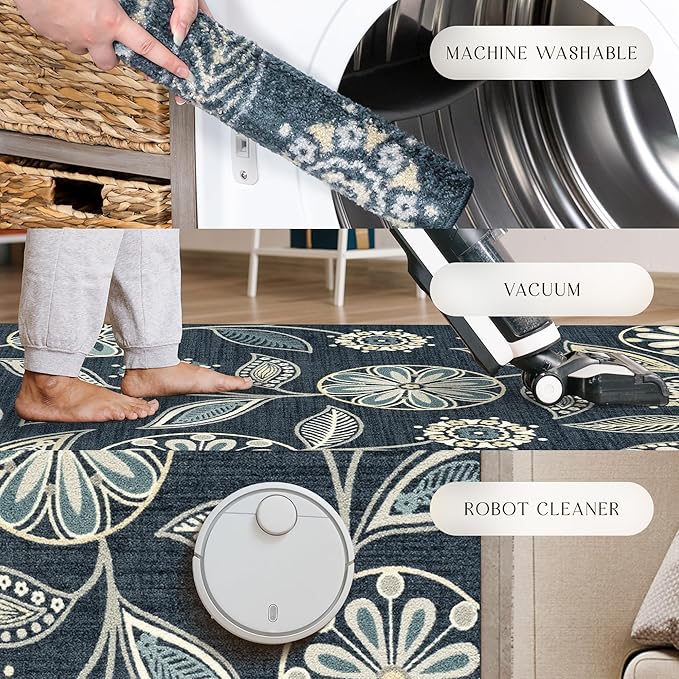 Maples Rugs Reggie Floral Runner Rug - Made in USA - Washable, Non Slip Indoor Carpet for Kitchen, Hallway, and Laundry Room, 1'8 x 5, Persian Blue