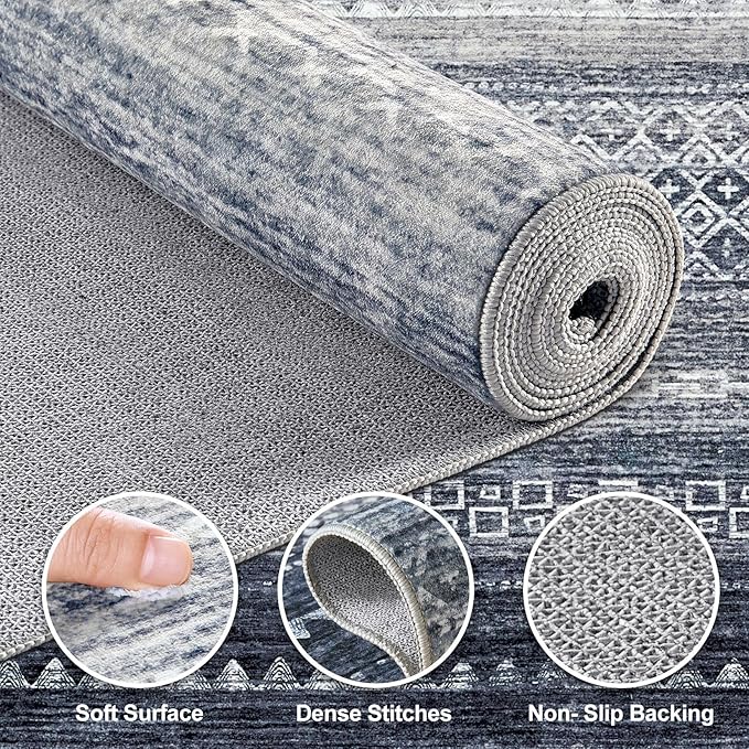 Nakagishi Area Rug Living Room Rugs: 4X6 Machine Washable Boho Large Neutral Farmhouse Stain Resistant Moroccan Indoor Floor Carpet for Bedroom Nursery Dorm Dining Room Home-Denim Blue